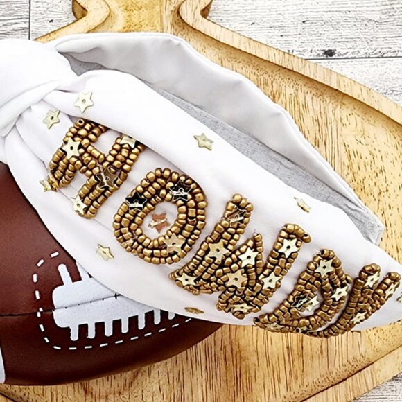 HOWDY Gold Star Beaded Sparkle White Top Knot Headband NEW - Picture 1 of 5